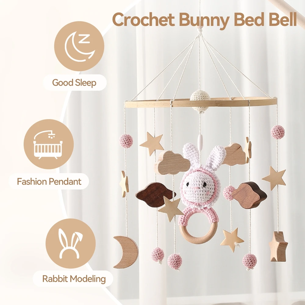 Sonajero de madera móvil para cuna de bebé, campana de juguete para cama, colgante móvil, conejito de ganchillo rosa, caja de música para recién nacido, soporte móvil para cuna, regalo