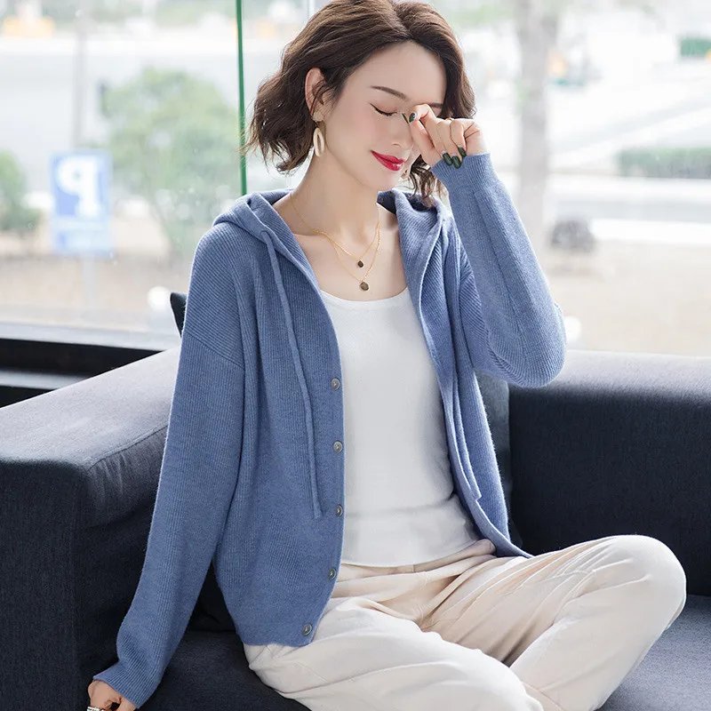 Spring Clothes Women 2023 Knitted Cardigan Korean Fashion Casual Long Sleeve Top Button Up Hooded Knitwears Sweater Coat