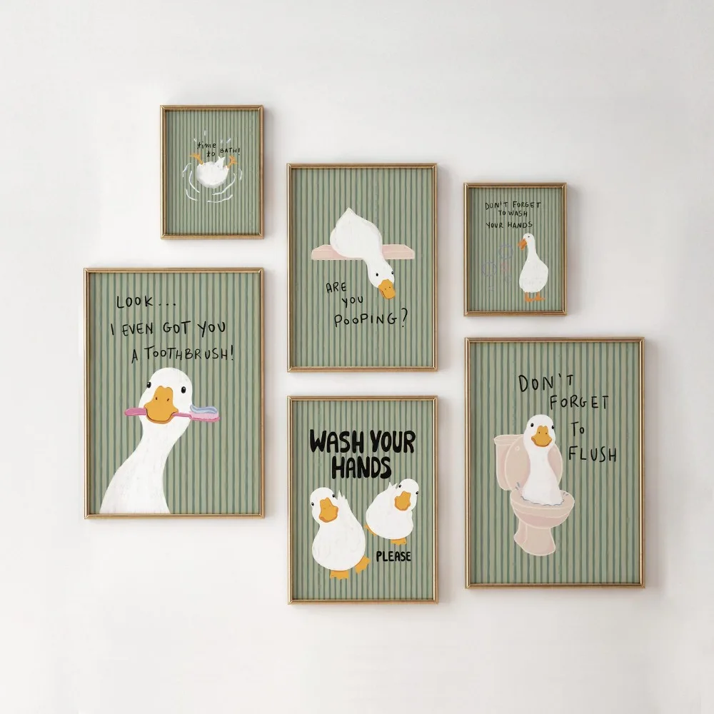 Frameless Bathroom Wall Art,Green Striped Duck Nursery Quotation,Farmhouse Digital Download,Toilet Bathroom Wall Art Decoration