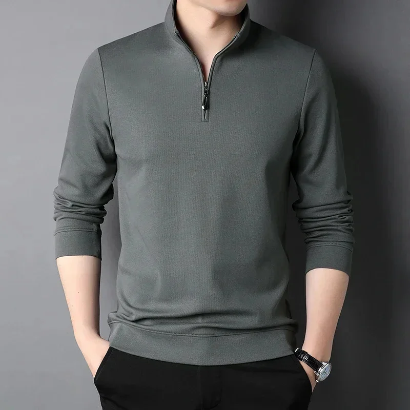 Men's long-sleeved T-shirt spring and autumn stand-up collar bottoming polo shirt plus velvet thickened half-zip sweatshirt