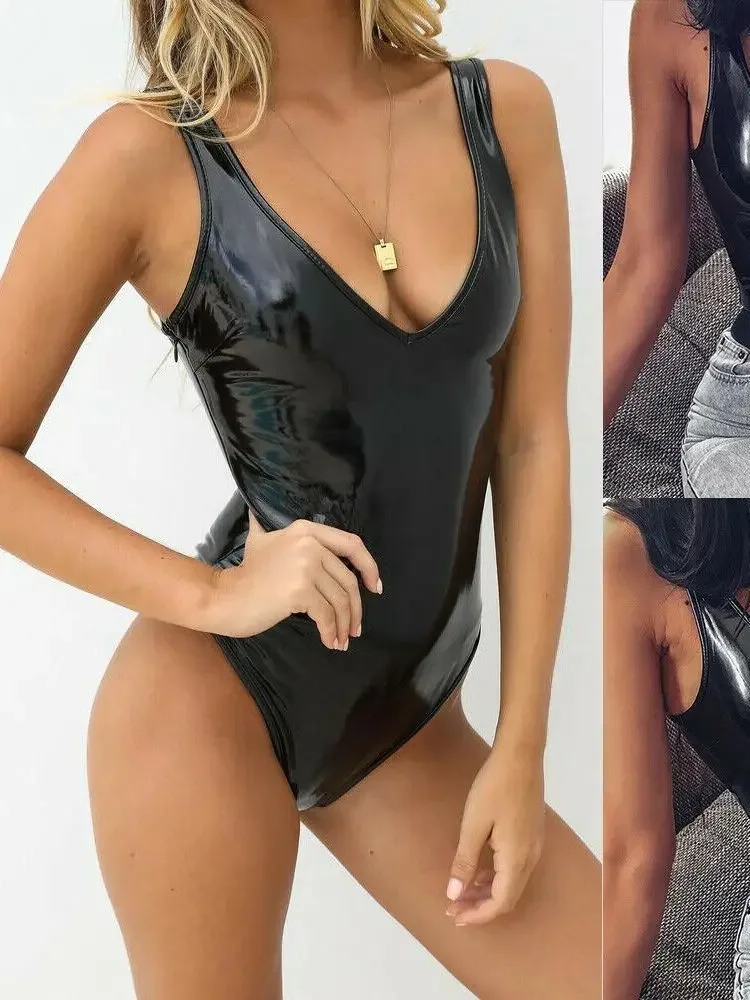 S-4XL con apariencia húmeda, camiseta sin mangas de PVC, traje de baño sin mangas brillante de cuero PU, medias, peluches sexis para el cuerpo, traje de baño, leotardo Sukumizu