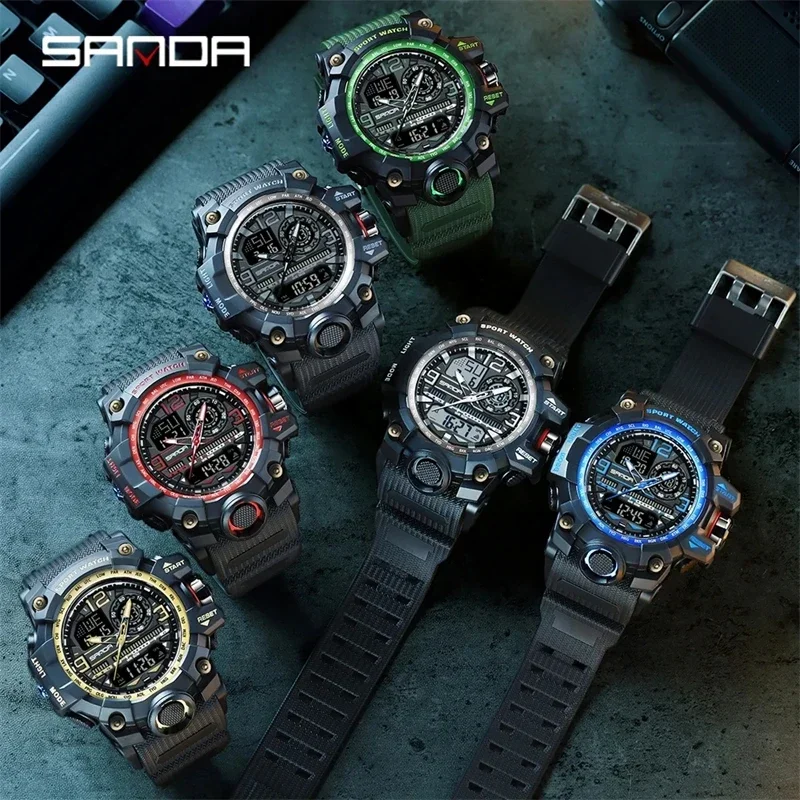 SANDA-Relógio de quartzo militar masculino, relógios de choque impermeável, relógio digital masculino, relógio, esportes, estilo de moda, novo, 3133, 50m