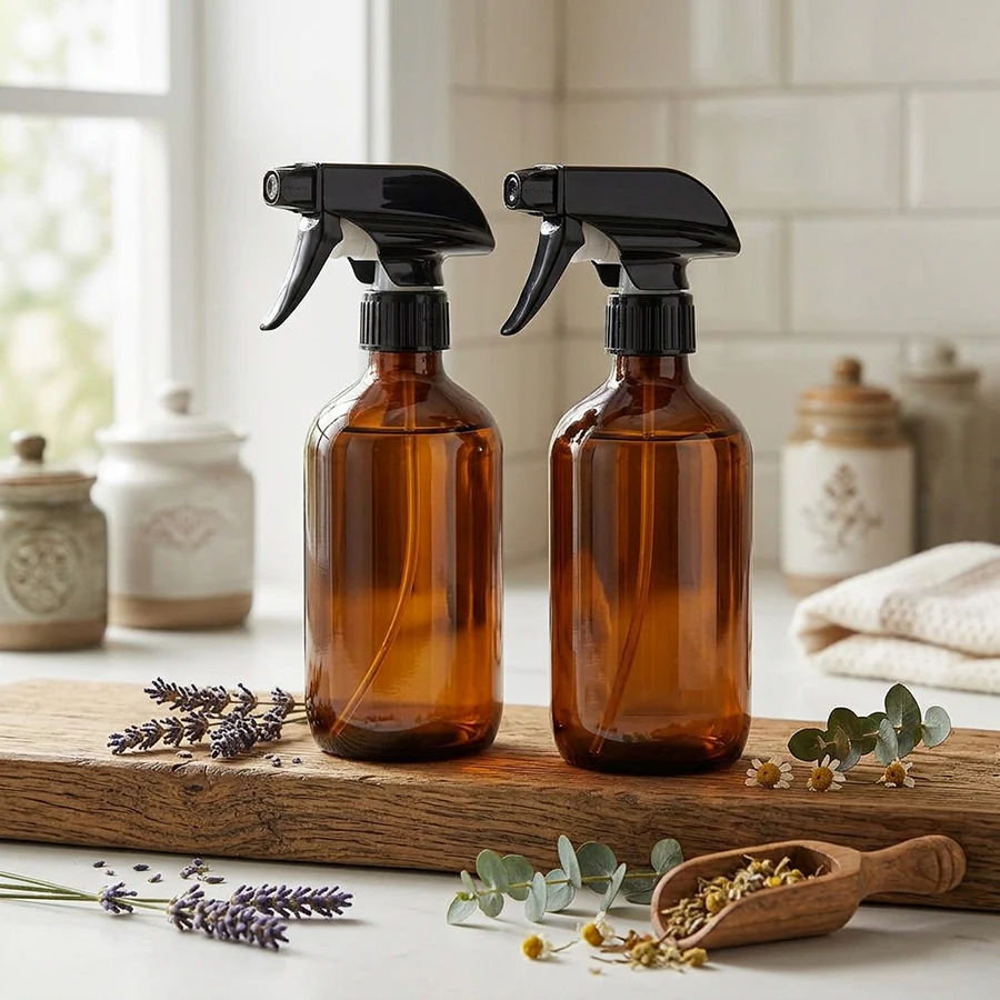 2 Pack Empty Amber Plastic Spray Bottles 16oz Refillable Bottle for Essential Oils Plants Cleaning Solutions Hair Mister Durable