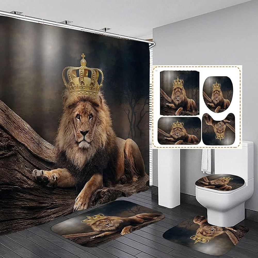 

Lion King with Gold Crown Shower Curtain Set African Wildlife Men Bathroo Deco Non-Slip Toilet Lid Cover Rug Bath Mat Toilet Rug