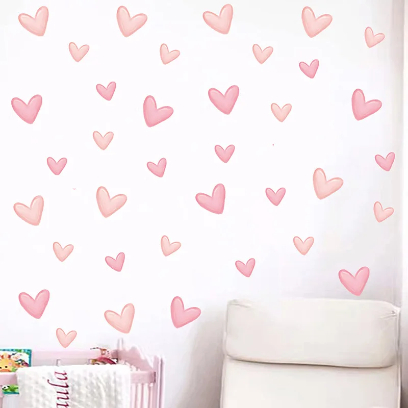 60pcs/set Soft Pink Big Small Heart Shape Wall Stickers for Living Room Bedroom Kids Room Nursery Room Wall Decals Home Decor