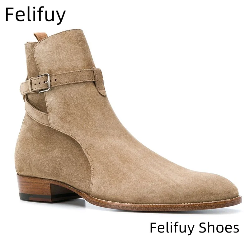 

Cow Suede Men's shoes Black belt buckle Strap Boots Casual Genuine Leather Chelsea boots male pointed comfortable footwear Botas
