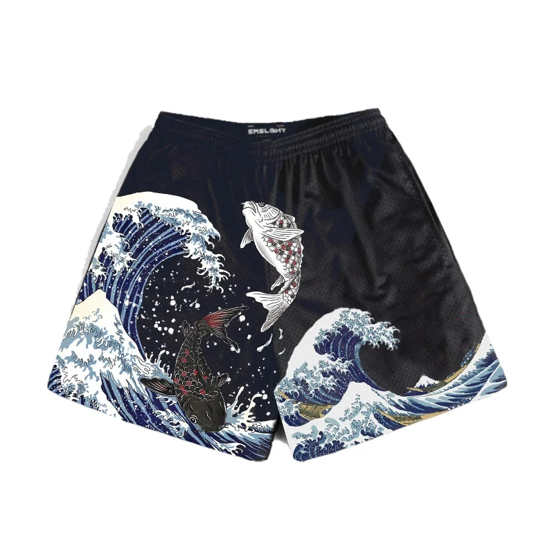 Anime Shorts Men Japanese Style Gym Shorts Summer Y2k Beach Casual Fashion Running Short Pants Quick Dry Workout Mesh Sweatpants