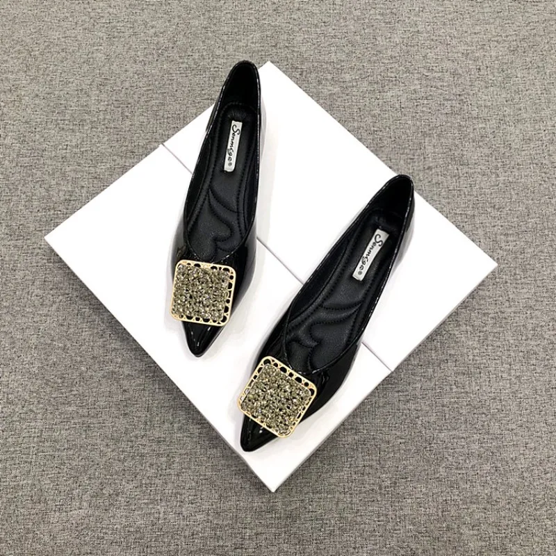 luxury pointed flat single shoes shallow soft sole ballet shoes rhinestone square button Loafers large size women\'s shoes 33-46