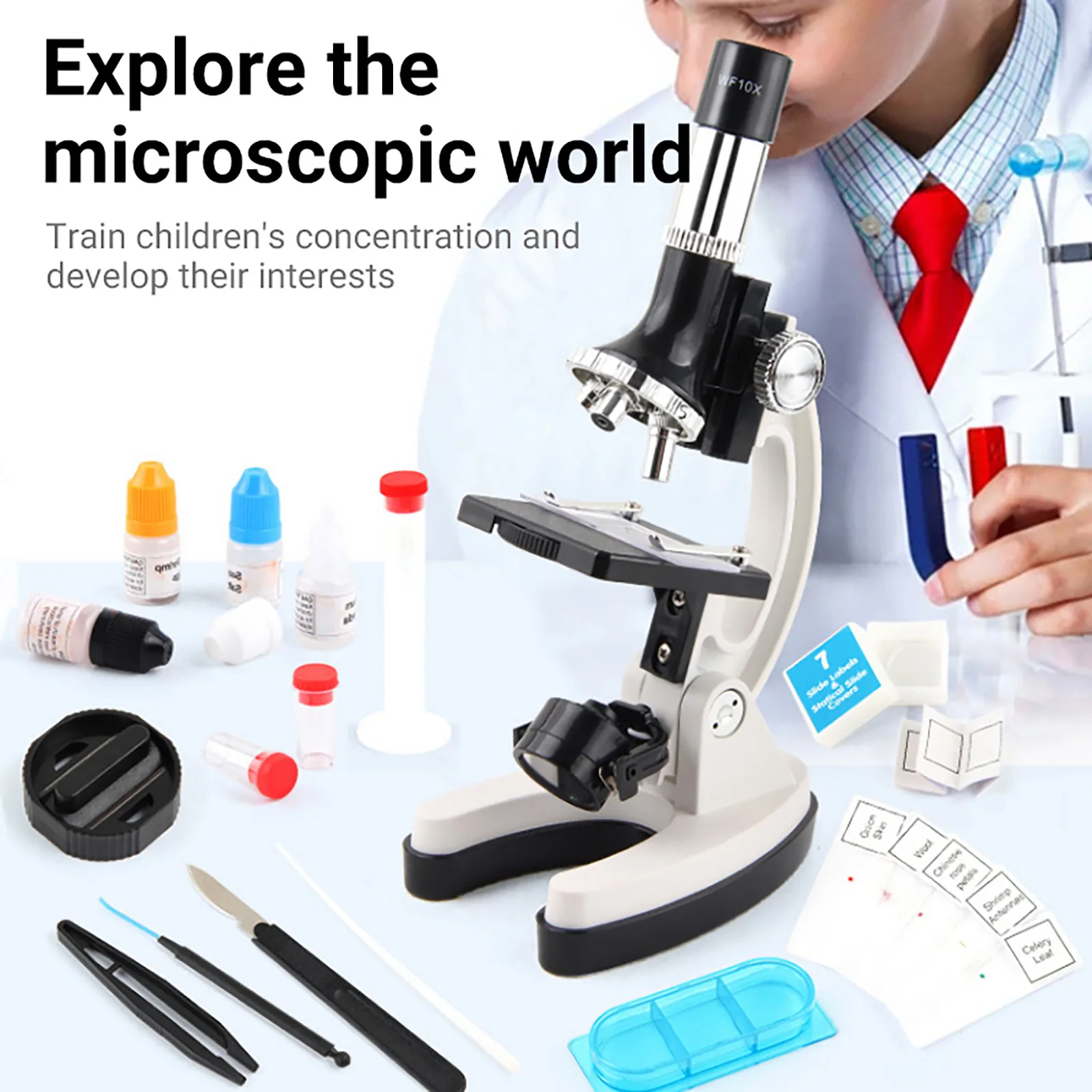 Microscope for Kids 100X-1200X Magnification Kids Microscope Science Kit with Metal Body Carrying Box Gift for Kids Education
