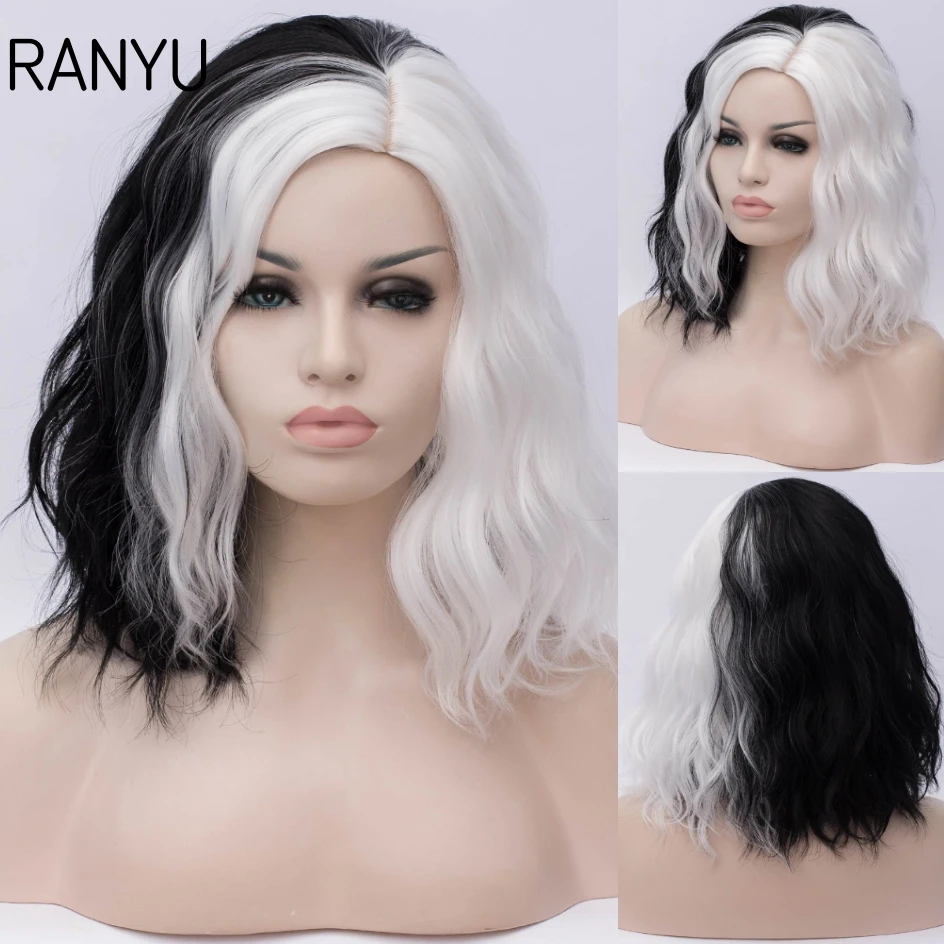 RANYU Short Curly Wave Synthetic Role Play Natural Heat Resistant Hair With Bangs Girl Yin-Yang Color Black And White Double Pat