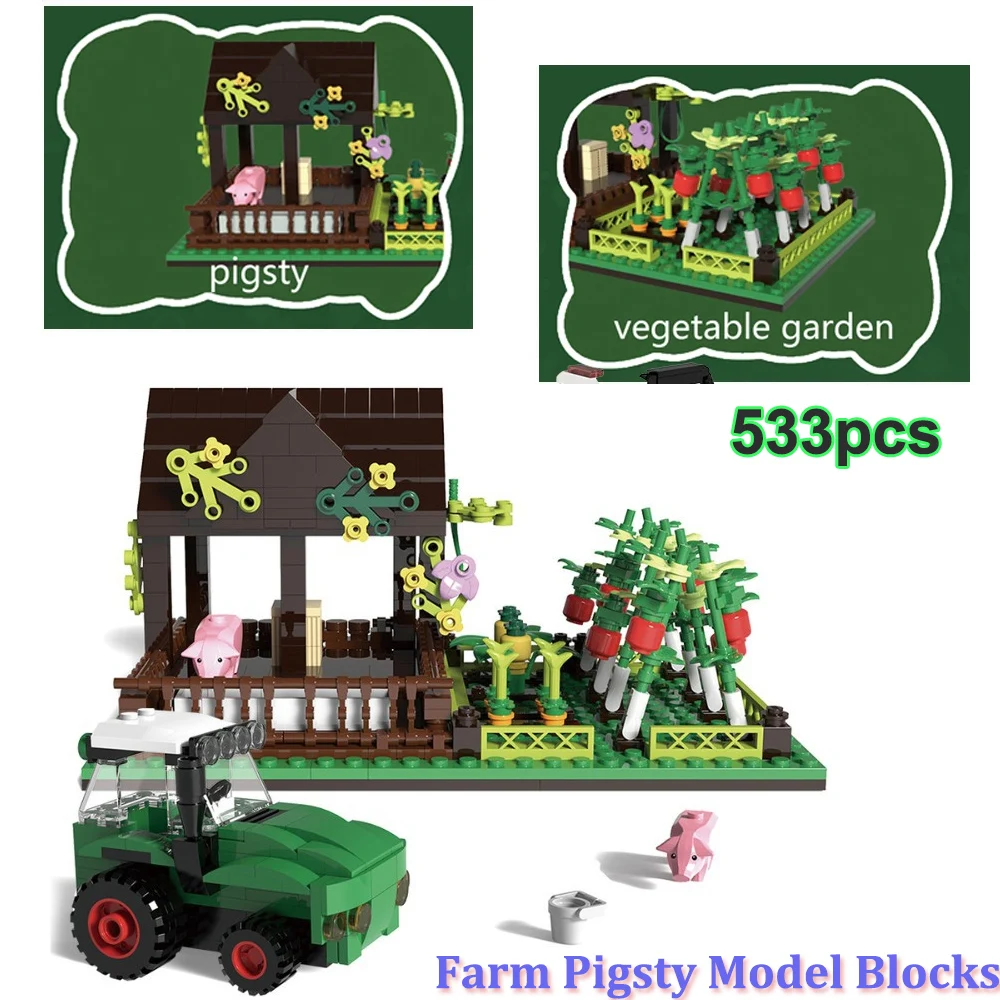 

Сельская сцена, модель свиньи, строительные блоки MOC, 533 шт., фермерский дом, животные, головоломка, овощной сад, развивающие игрушки, кирпичи, подарки для детей