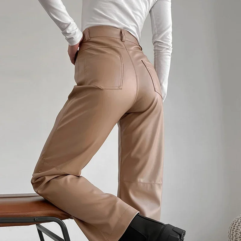 Black Faux Leather Pants For Women High Waist PU Motorcycle Pants Streetwear Fashion Autumn Winter Trousers