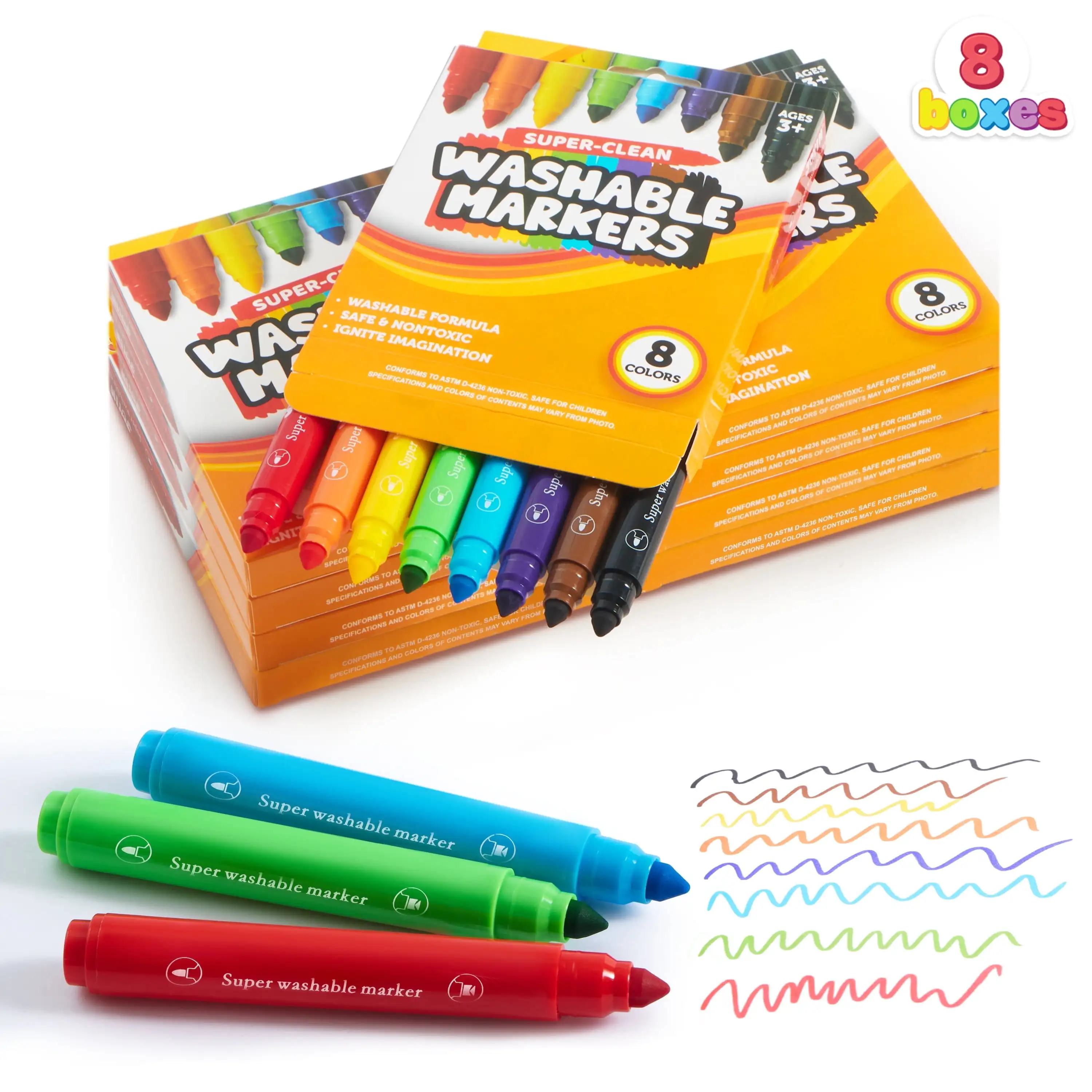 Joyfy marqueur lavable 64 unités 8 boîtes 8 marqueurs de couleur ensemble en vrac pour les activités préscolaires en classe projets artistiques cadeau d'anniversaire