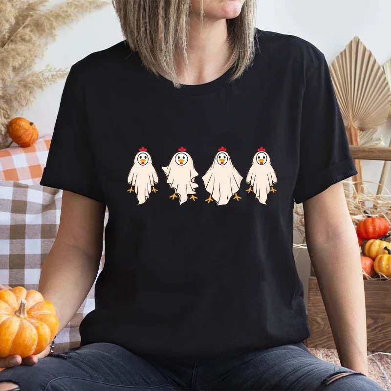 Funny Chicken Women Clothing Halloween Spooky Sweatshirt Cute Boo Graphic Y2k Tops Short Sleeve Tees Girls Trip Party T-Shirt