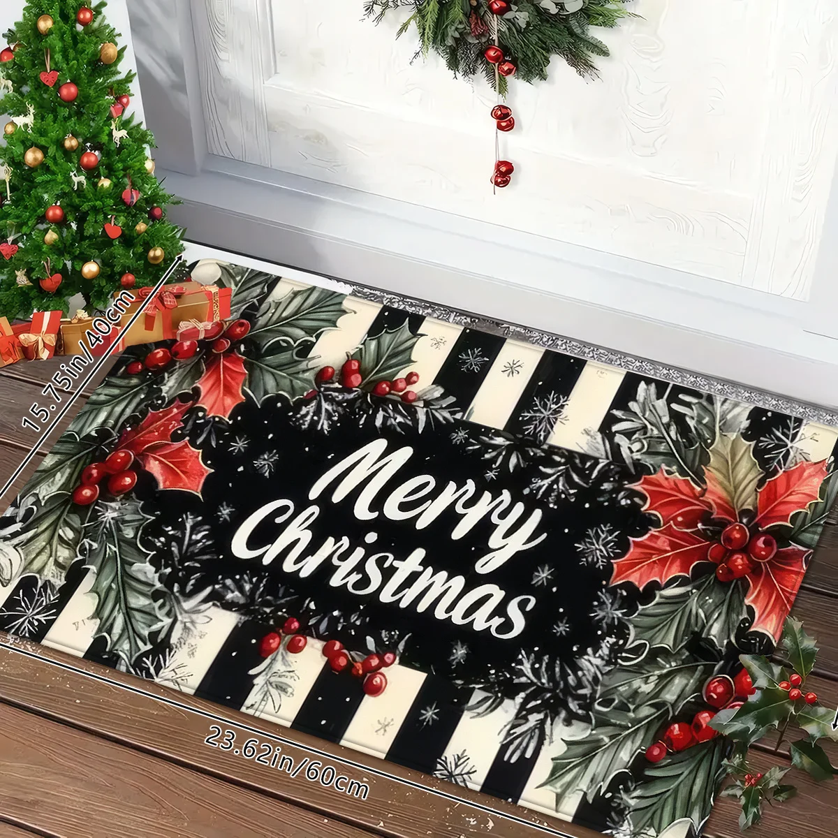 Vintage Holly Leaves Red Berries Striped Christmas Welcome Doormat Non Slip Washable Mat For Entryway Kitchen Home Decor