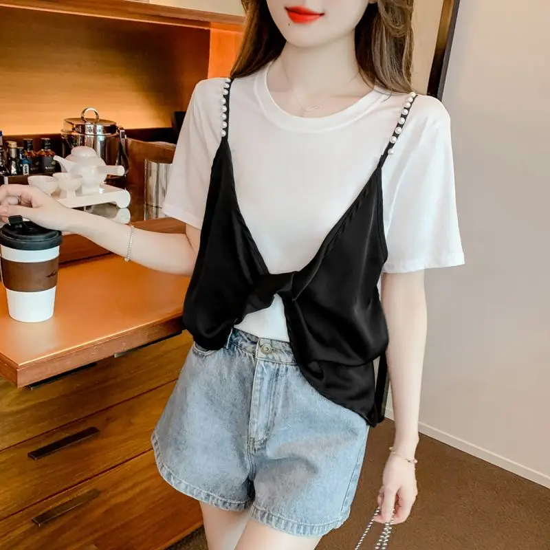 Chiffon Patchwork Short Sleeve T Shirts Summer New Fake Two-piece Solid Color Loose Trend Tops Fashion Casual Women Clothing