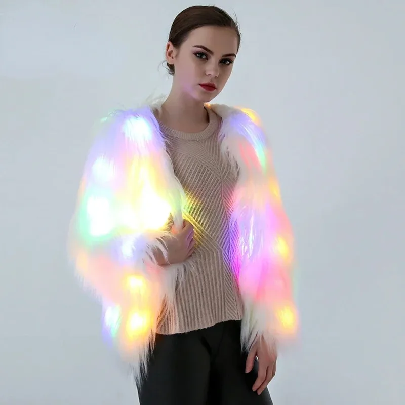 Faux Fur Coat For Women Valentine Cosplay LED Multi-Color Warm Hoodie Vest Shiny LED Jacket Light Up Dance Costume