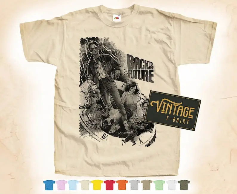 

BLACK Print: Back to the Future V1 T shirt Tee Natural VINTAGE Cotton Movie Poster Beige 12 colors All Sizes