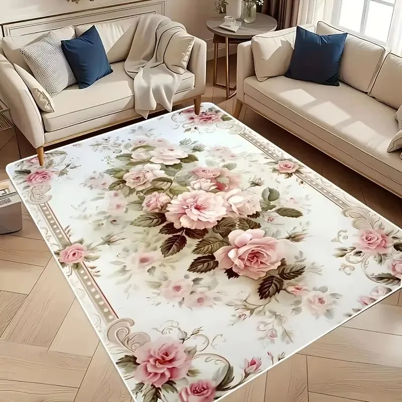 VIKAMA French Pink Flower Rug Sound Absorbing Non Slip for Bedside Bedroom Living Room Sofa Home Furniture Accessory