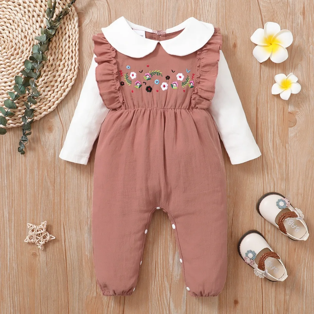 

0-18 Months Newborn Baby Girl Long Sleeved Jumpsuit Embroidered Flower Baby Onesie Infant Crawling Suit Spring&Autumn Bodysuit