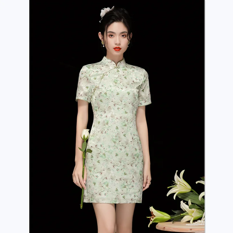 Gaun Vintage musim panas, gadis muda gaya Cina kerah berdiri lengan pendek ramping elegan hijau muda dicetak ditingkatkan Cheongsam Mini