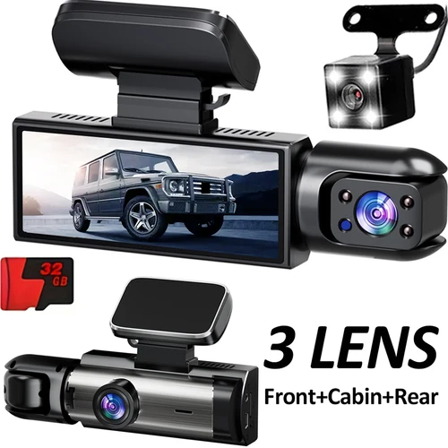 Imagen 1 del producto Cámara de salpicadero para coche DVR 1080P Dashcam para cámara de vigilancia de coche, grabadora de conducción de vídeo para Interior delantero y trasero de 3 lentes