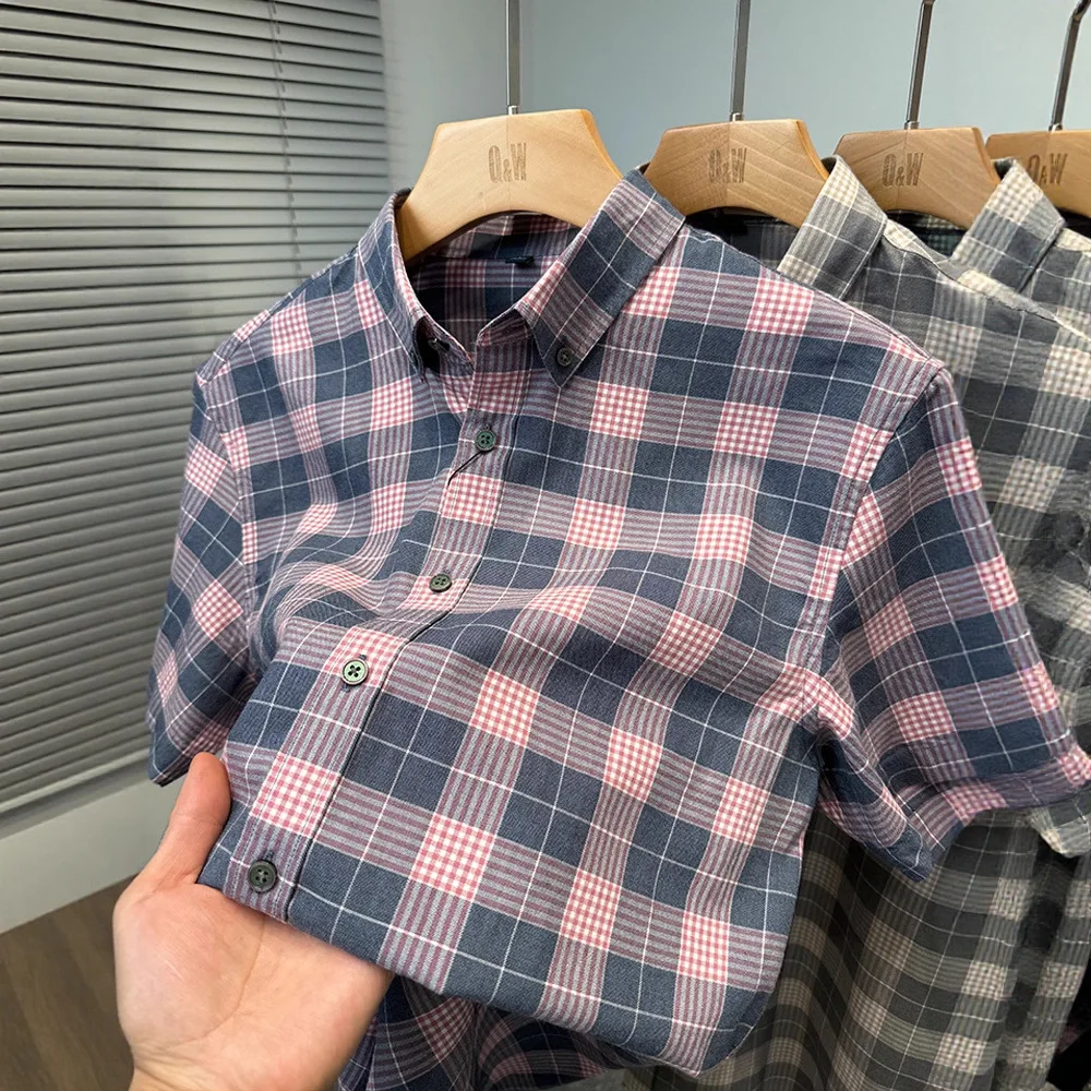 グリッドスタイルメンズシャツ2025新作半袖夏万能カジュアルファッション若中高年ライトラグジュアリーシャツ