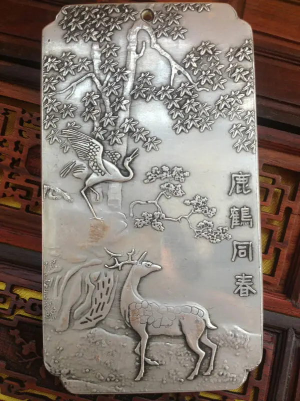 

Chinese Deer & Crane Animal Bird Auspicious with Spring Tibet Silver Bullion thanka amulet Necklace decoration