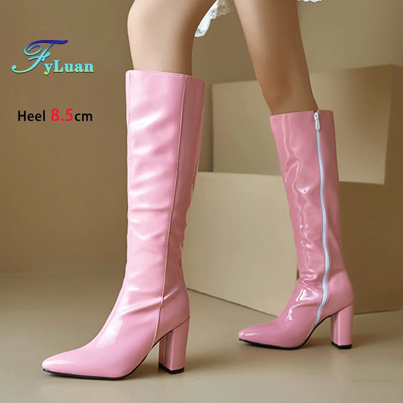 2025 Autumn Winter Side Zipper Fashion High Boots 8.5CM Chunky High Heel Shoes Women Glossy Patent leather Pointed Long Boots