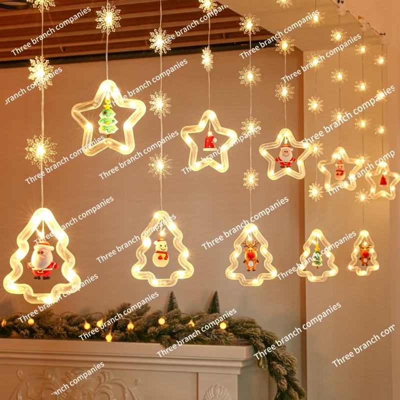

Christmas shop hanging curtains, lights, pendants, window stars