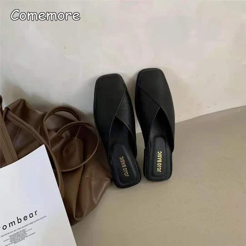 Comemore Fashion Slip on Mules Big Size 43 Flat Slippers 2023 Summer Women Flat Casual Outdoor Square Toe Shoes Ladies Slippers