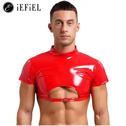 Men's Pvc Leather Dance Crop Top Mock Zip Back Hollow Out Punk Camisole Tanks Rave Party Club Dance Shirts