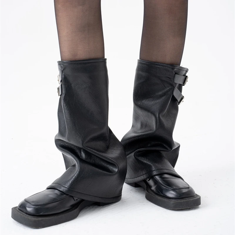Harajuku Leder Beinlinge Gothic Punk Lange Socken Schnalle Bein Hülse Gamaschen Goth Winter Warme Knöchel Haufen Socken Geschenke – Detail 3