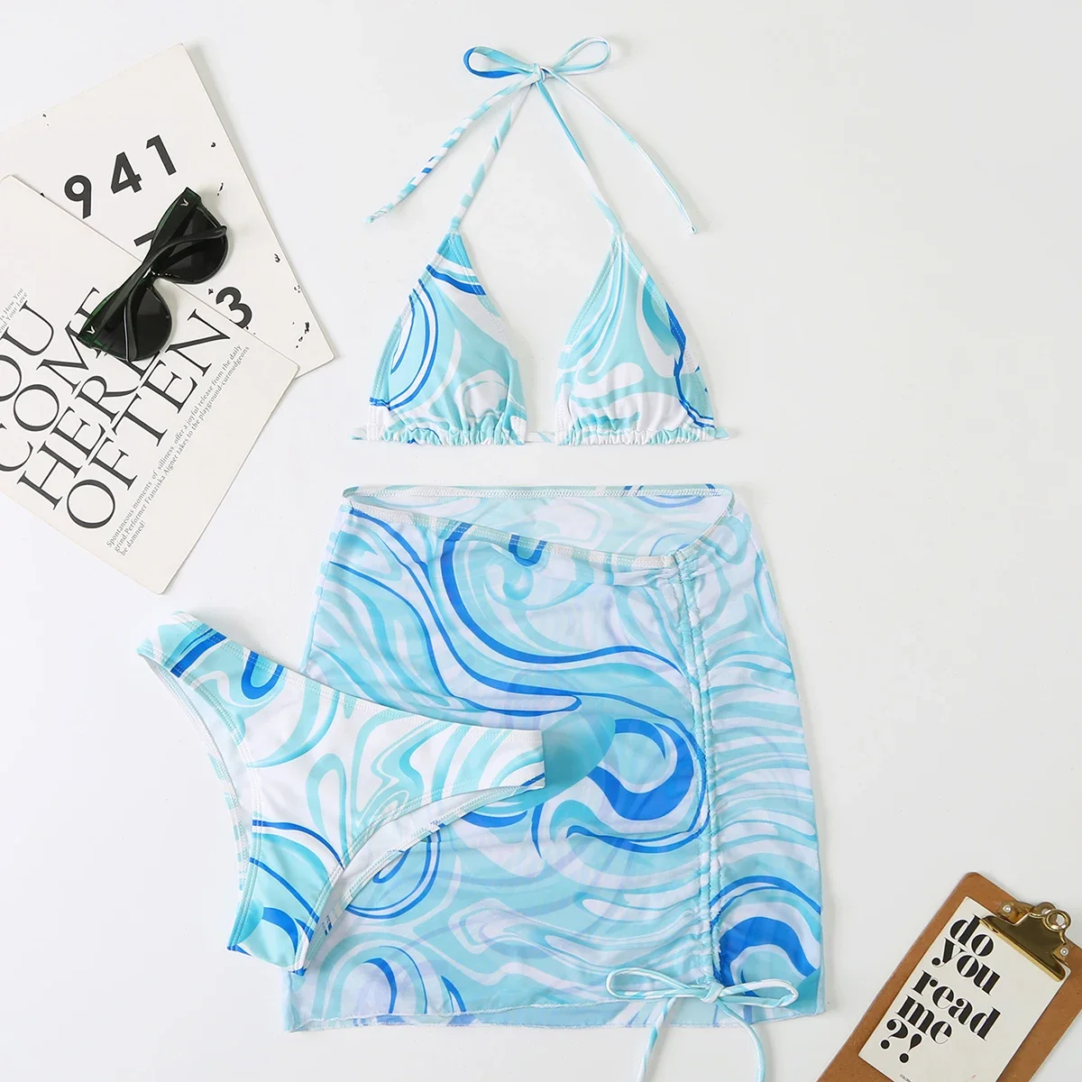 

3 Pieces Bikini Set with Skirt Tie Dye String Thong Women Swimsuit Beach Wear Summer