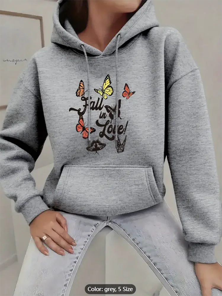 

Женская толстовка с капюшоном Fall in Love с графическим принтом бабочки, повседневная негабаритная толстовка с капюшоном на шнурке для любителей осени, чистый хлопок
