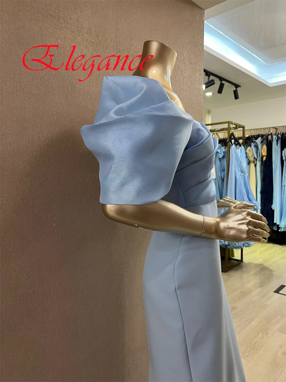 Customized  Graceful Light Blue Jersey Evening Dress Exquisite Strapless Off the Shoulder Short Sleeves Zipper Back Prom Dress