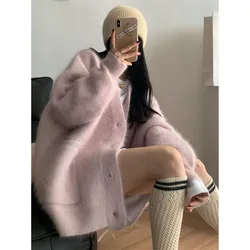 Mink Wool Pink Sweater Cardigan Women's Autumn Winter New Gentle Wind Loose Casual High-Grade Sense Thicken Warm Knit Coat