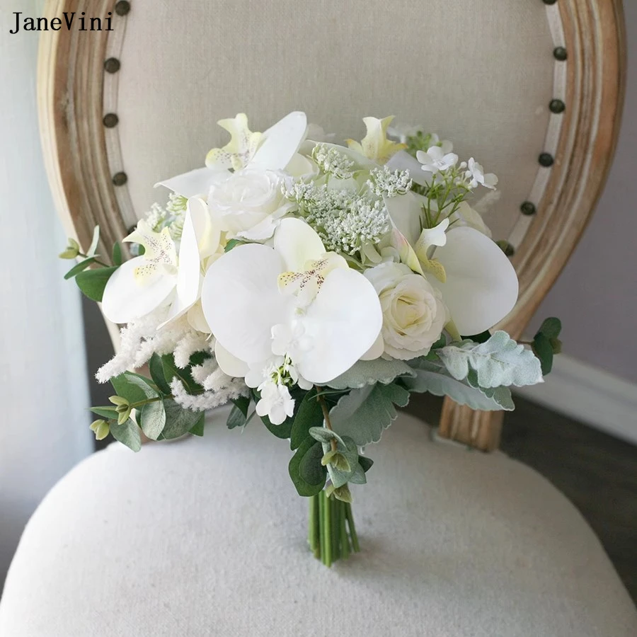

JaneVini Elegant White Bridal Holding Bouquets Artificial Silk Roses Boho Bridesmaids Bride Bouquet Flowers Wedding Accessories