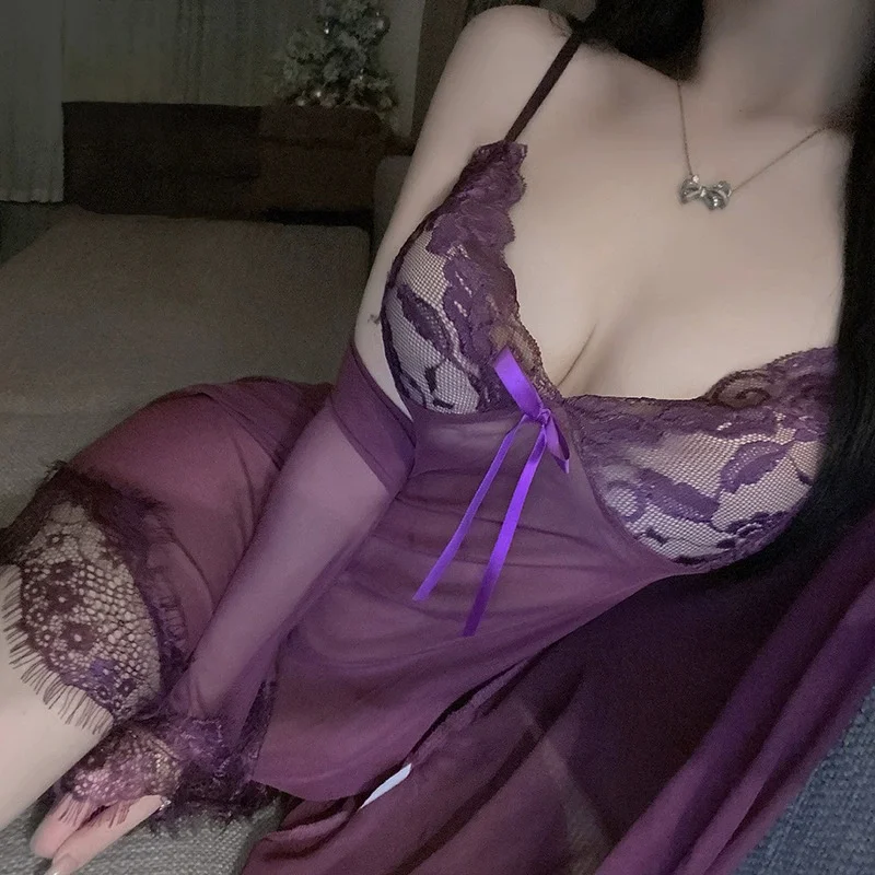 Temptation Flirtatious Sleeveless Suspender Dress Sexy Lingerie Women Lace Mesh Nightgown Seducing Dreamy Purple Bathrobe Set view 5