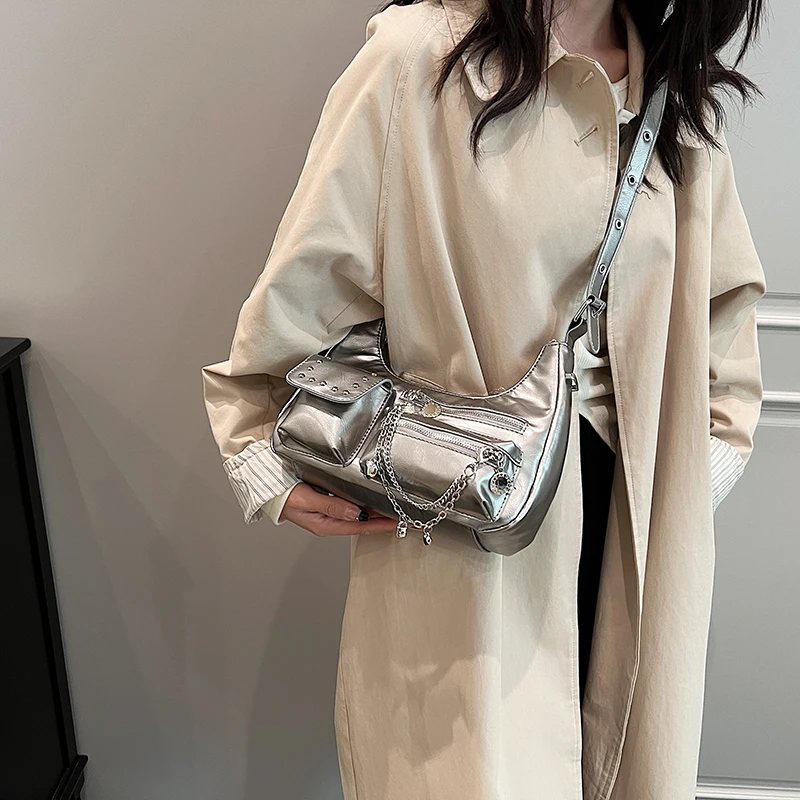 Silver Shoulder Bags Women\'s Handbag 2024 New French Style Underarm Shopper Purse Quality Pu Leather Crossbody Bag Designer