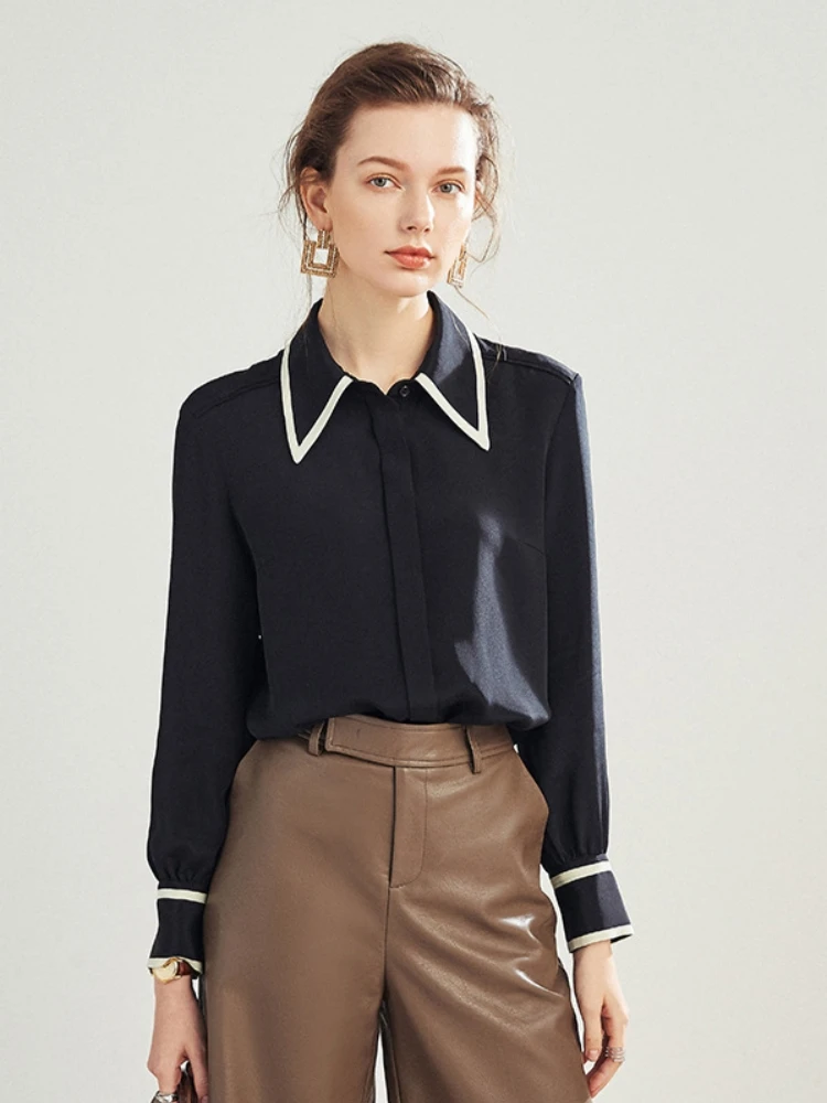 Birdtree, 100% Real Silk Solid Ribbon Blouse, Women Double Crepe Lapel Shirt, Full Sleeve Elegant Tops, 2026 Spring New T61812JF