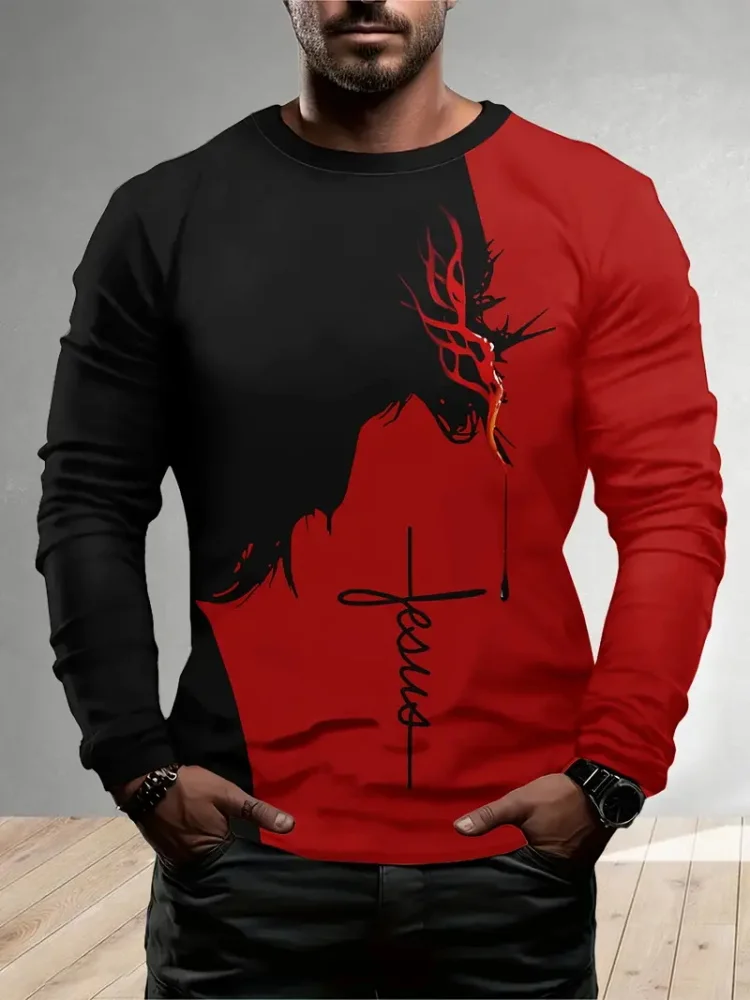 Harajuku street trend men's crewneck long sleeve T-shirt black and red stitching 3D printed men's T-shirt daily casual loose top