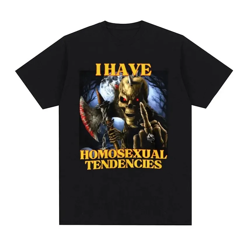 Homosexual Tendencies Funny Hard Skeleton Meme T-shirt Mens Harajuku Y2k Streetwear T-shirts Unisex Fashion Vintage T Shirt Tops