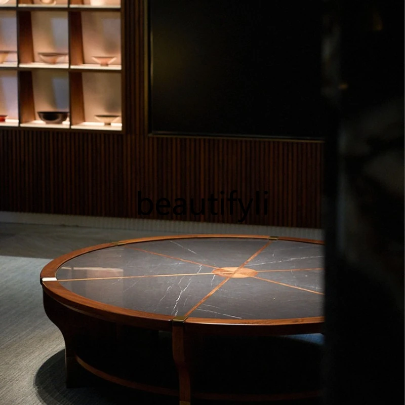 Black walnut new Chinese rock slab coffee table round copper decoration medieval zen home living room tea table