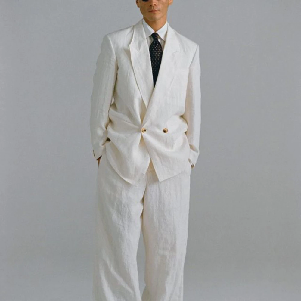 

Elegant White Men's Double-Breasted Suit 2 Piece Peak Lapel Fashion Loose Casual Widding Buisness Male Outfits(Jacket+Pant)