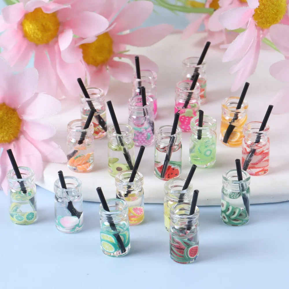 10PCS Resin Kawaii Colorful Mini Fruit Bottle Food Drinks for Doll House Kitchen Ornaments Dolls Party Children's Toys