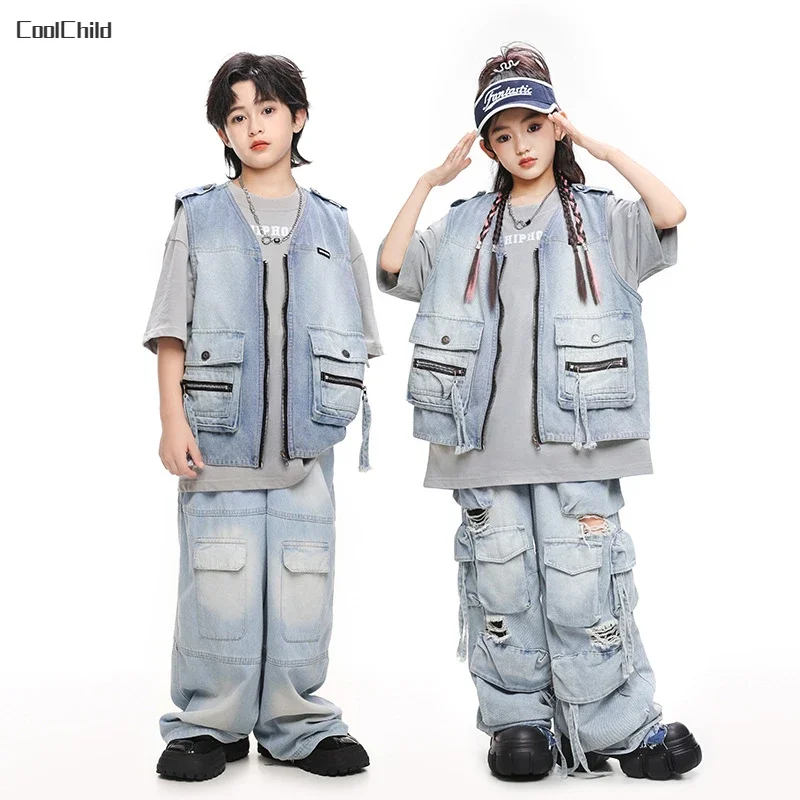 

Hip Hop Boys T-shirt Retro Denim Vest Ripped Jeans Girls Streetwear Cargo Pants Children Street Dance Clothes Kids Stage Costume