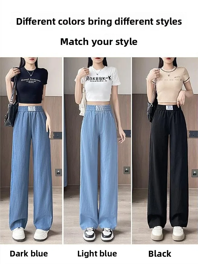 Ice Silk Wide Leg Pants Women Summer Thin New  Denim Pants Draping Slim Straight Casual Women's Pants High Waist Long P...