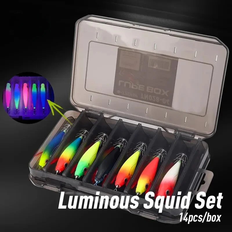 

Luminous Horizontal Squid Jig Wood Shrimp Squid Hook 14pcs/Set Fishing Lures Octopus Cuttlefish Shrimp Saltwater Baits