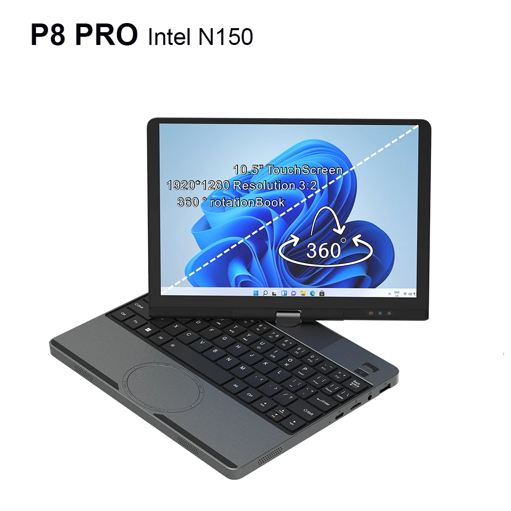 P8 PRO มินิแล็ปท็อป 10.5 นิ้ว Intel N150 32GB DDR4 คอมพิวเตอร์ 2TB SSD หมุนได้ 360 องศา °   แล็ปท็อปหน้าจอสัมผัสสำหรับเล่นเกม/ธุรกิจ ขนาด 4300 มิลลิแอมป์ชั่วโมง รุ่น M.2